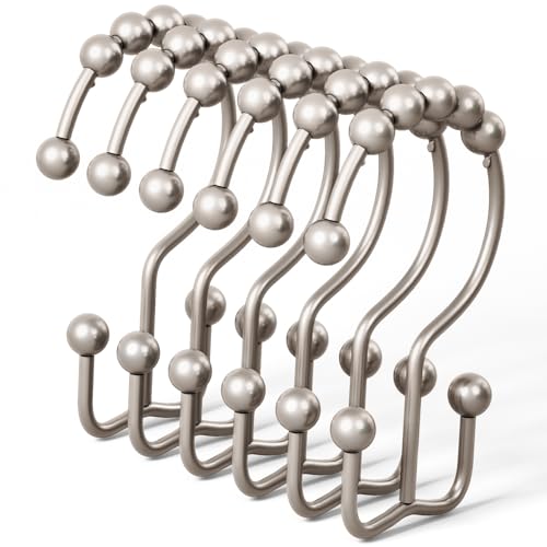 DAWNER Shower Curtain Hooks Rust Proof Metal Easy Glide Double Rings Stainless Steel Hangers for Bathroom Curtains Set of 12 Brushed Nickel
