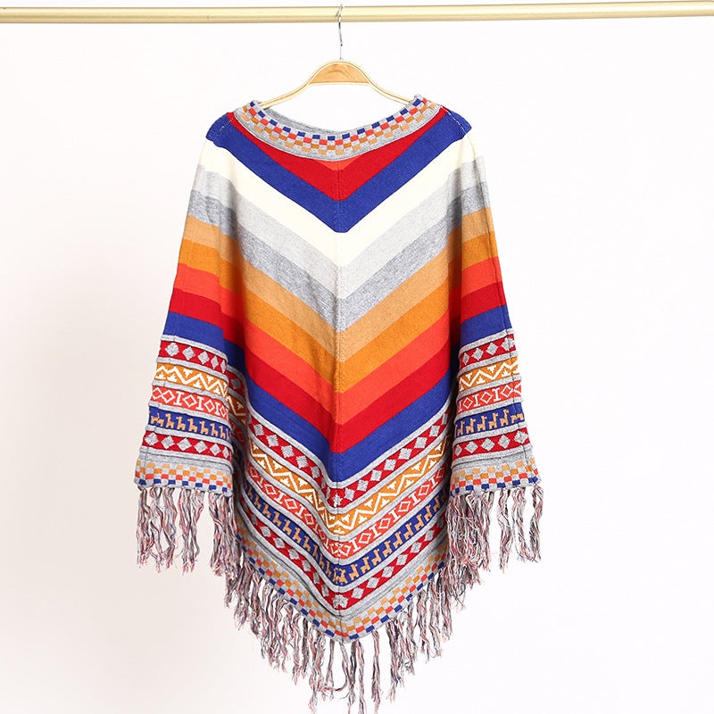 Ethnic Style Warm Shawl Xizang Qinghai Pullover Cape Tassel Shawl Knitted Vacation Autumn and Winter Coat Shawl Grey 