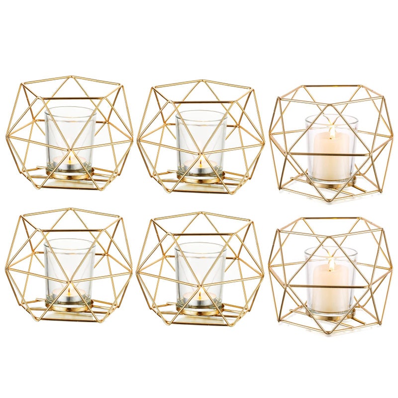 Hewory Geometric Tealight Candle Holders Gold Modern Metal Geo Wedding Centerpieces for Table Votive Candle Stand Accent for Tea Light for Home Shelf Mantel Christmas Birthday Party Decor 6pcs