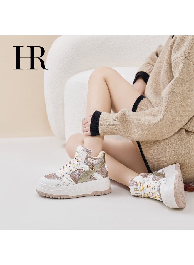 Hrhr Women's Shoes Winter New Plush High-top Thick-soled Sneakers Champagne Beige Single Lining Size 35 - Image 1