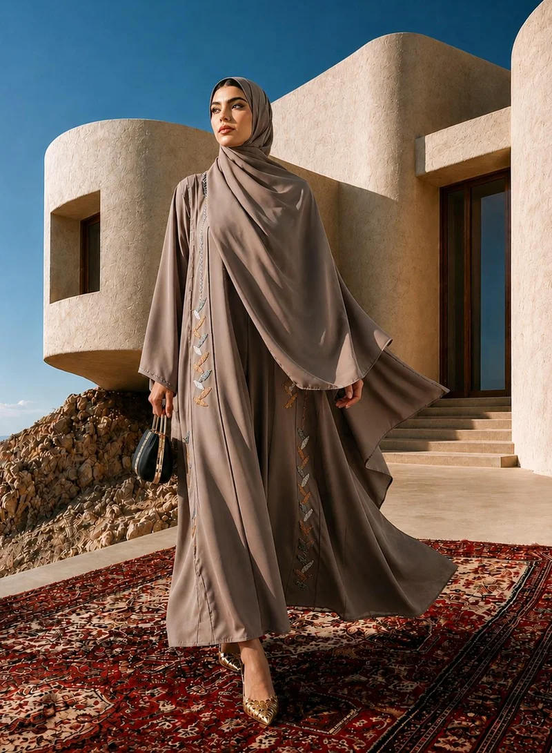 hayas closet Floral Embroidered Open Front V Neck Abaya