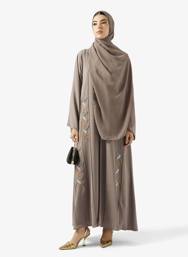 hayas closet Floral Embroidered Open Front V Neck Abaya - Image 2