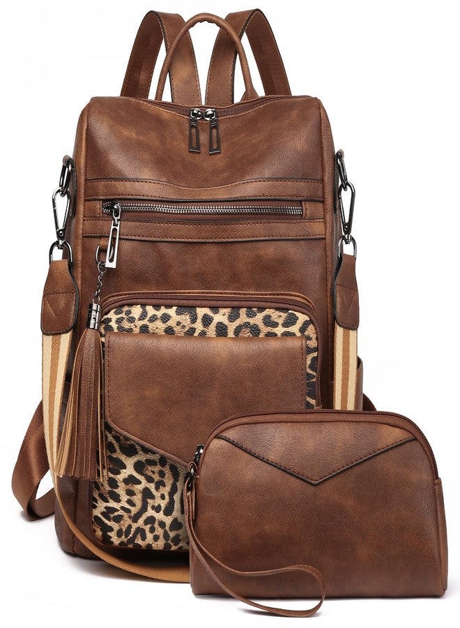 GAEKEAO Backpack Purse for Women Fashion Leather Designer Travel Backpack Purses Convertible Shoulder Bag with Wristlet (Brown With Leopard) - Image 1