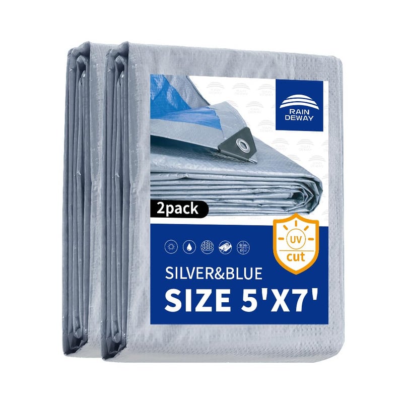 Raindeway Small Tarps 5X7 Feet 2 Pack  5.5 Mil Thick  Multipurpose Waterproof Poly Tarp Cover With Metal Grommets And Reinforced Edges  Silver/Blue Tarp - Image 1