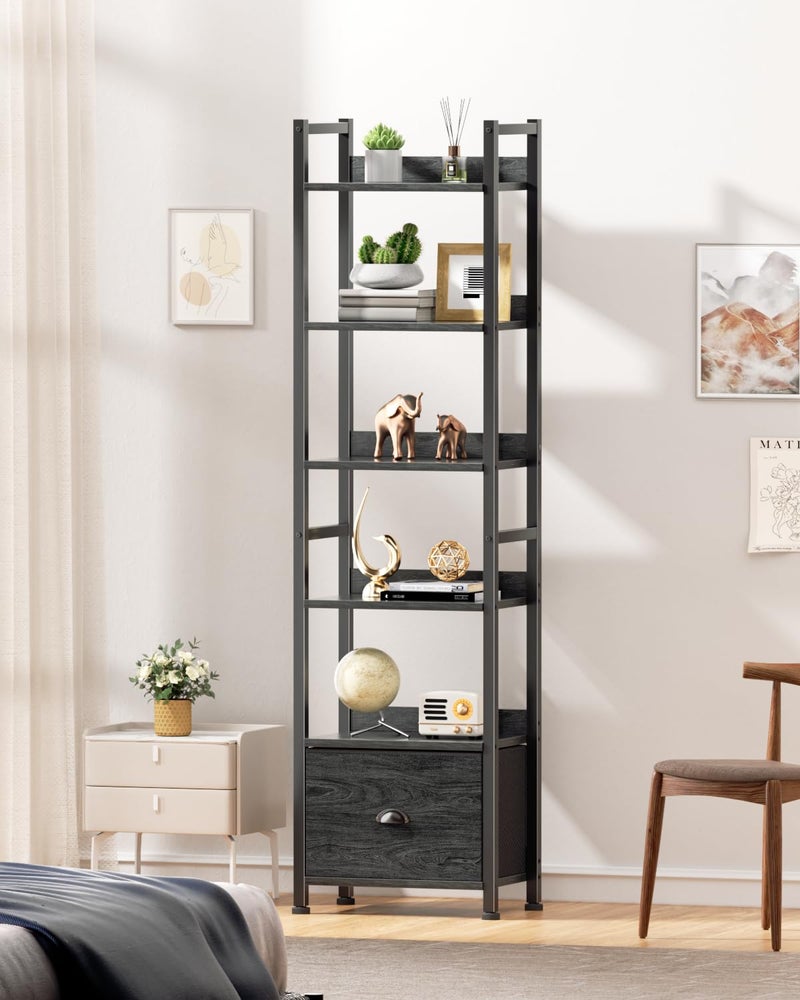 Furologee 6 Tier Bookshelf, Tall Shelf with Drawer, Wood and Metal Bookshelves Storage Organizer, Industrial Display Shelving Unit for Bedroom, Living Room, Home Office, Black Oak - Image 2