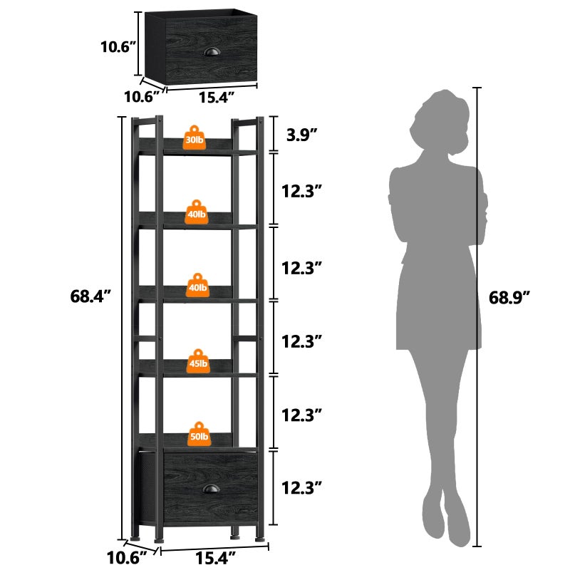 Furologee 6 Tier Bookshelf, Tall Shelf with Drawer, Wood and Metal Bookshelves Storage Organizer, Industrial Display Shelving Unit for Bedroom, Living Room, Home Office, Black Oak - Image 3