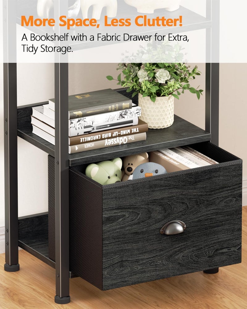 Furologee 6 Tier Bookshelf, Tall Shelf with Drawer, Wood and Metal Bookshelves Storage Organizer, Industrial Display Shelving Unit for Bedroom, Living Room, Home Office, Black Oak - Image 4