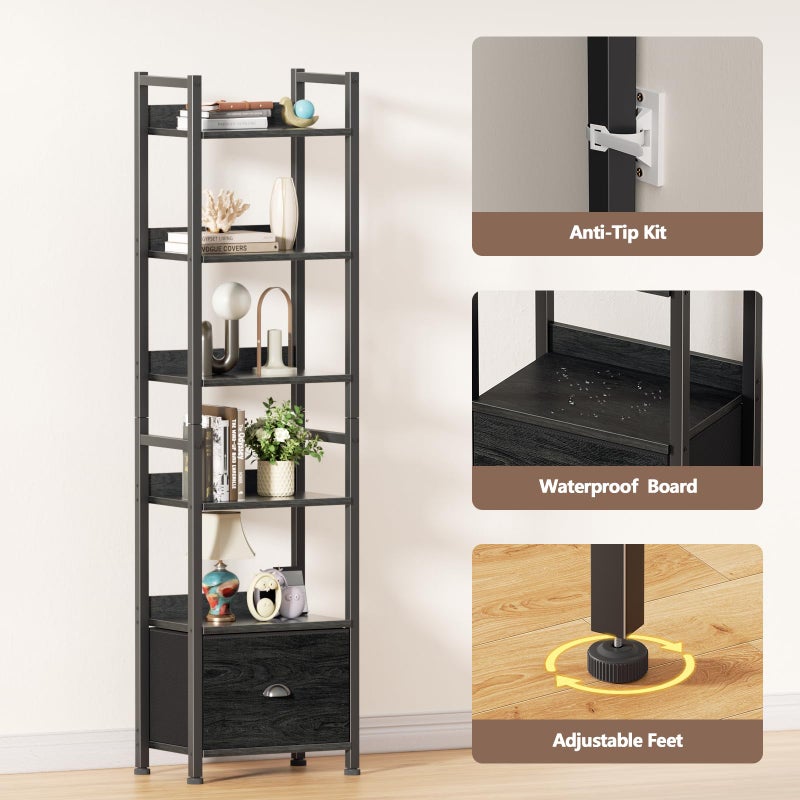 Furologee 6 Tier Bookshelf, Tall Shelf with Drawer, Wood and Metal Bookshelves Storage Organizer, Industrial Display Shelving Unit for Bedroom, Living Room, Home Office, Black Oak - Image 5