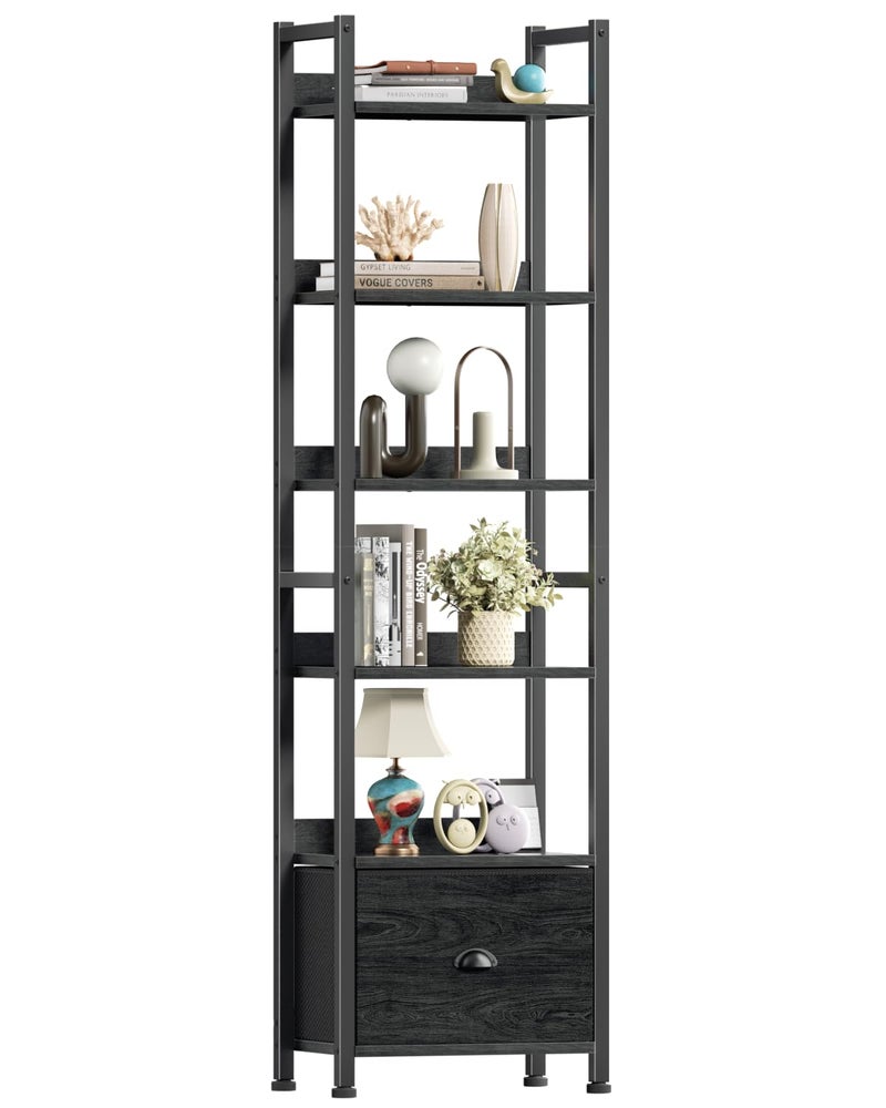 Furologee 6 Tier Bookshelf, Tall Shelf with Drawer, Wood and Metal Bookshelves Storage Organizer, Industrial Display Shelving Unit for Bedroom, Living Room, Home Office, Black Oak - Image 1