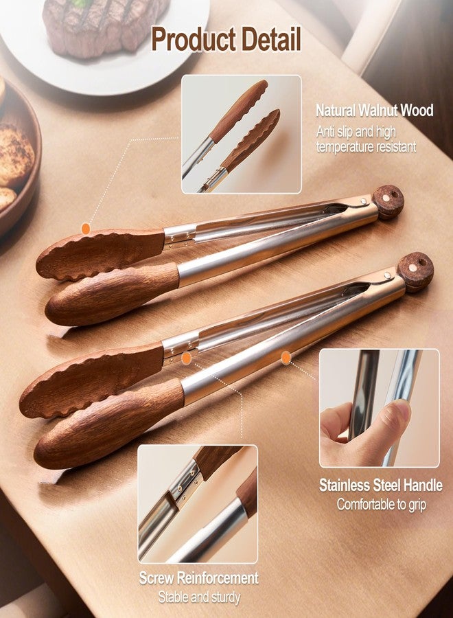 stochastic box Wooden Kitchen Cooking Tongs 2 Pcs Food Tongs with Wood Tip 9 Inch 12 Inch Walnut Wooden Kitchen Tongs for Salad Tossing and Serving Food - Image 4