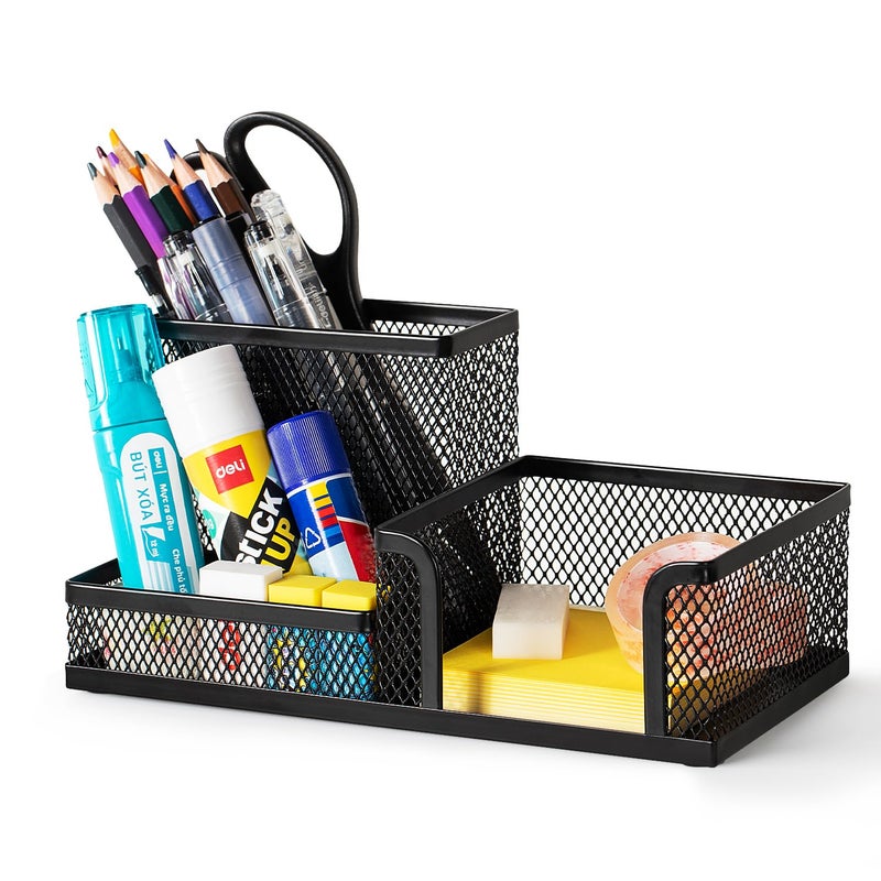deli Mesh Desk Organizer Office Supplies Caddy with Pencil Holder and Storage Baskets for Desktop Accessories 3 Compartments Black - Image 2