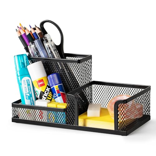 deli Mesh Desk Organizer Office Supplies Caddy with Pencil Holder and Storage Baskets for Desktop Accessories 3 Compartments Black - Image 1