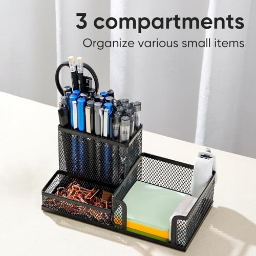 deli Mesh Desk Organizer Office Supplies Caddy with Pencil Holder and Storage Baskets for Desktop Accessories 3 Compartments Black - Image 3