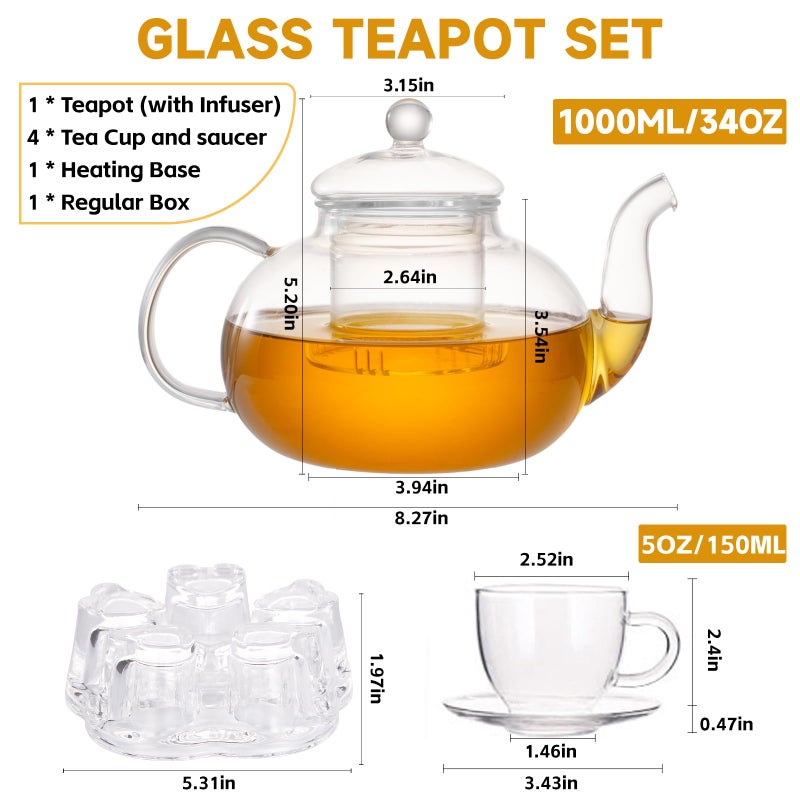 GURUDAR Glass Teapot Set, 34OZ/1000ML Glass Tea Kettle with Loose Tea Infuser & Warmer, 5oz/150ML Tea Cup & Saucer Set of 4, Stovetop & Microwave Safe Tea Maker, Blooming Tea Gift Set For Women - Image 5