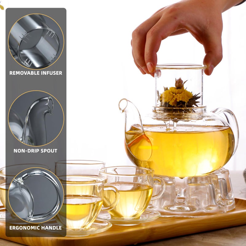 GURUDAR Glass Teapot Set, 34OZ/1000ML Glass Tea Kettle with Loose Tea Infuser & Warmer, 5oz/150ML Tea Cup & Saucer Set of 4, Stovetop & Microwave Safe Tea Maker, Blooming Tea Gift Set For Women - Image 3