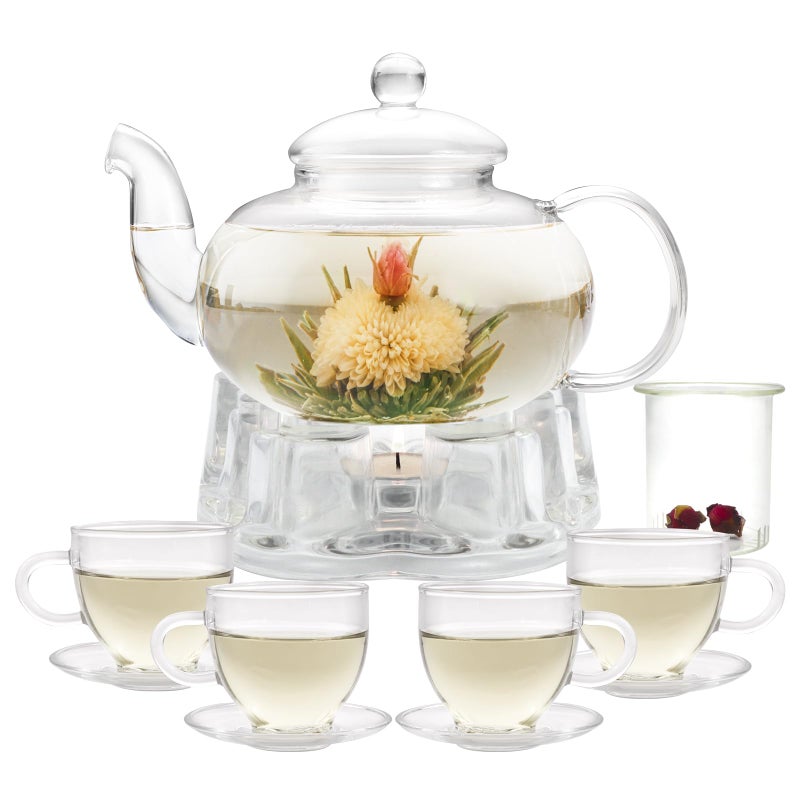 GURUDAR Glass Teapot Set, 34OZ/1000ML Glass Tea Kettle with Loose Tea Infuser & Warmer, 5oz/150ML Tea Cup & Saucer Set of 4, Stovetop & Microwave Safe Tea Maker, Blooming Tea Gift Set For Women - Image 1