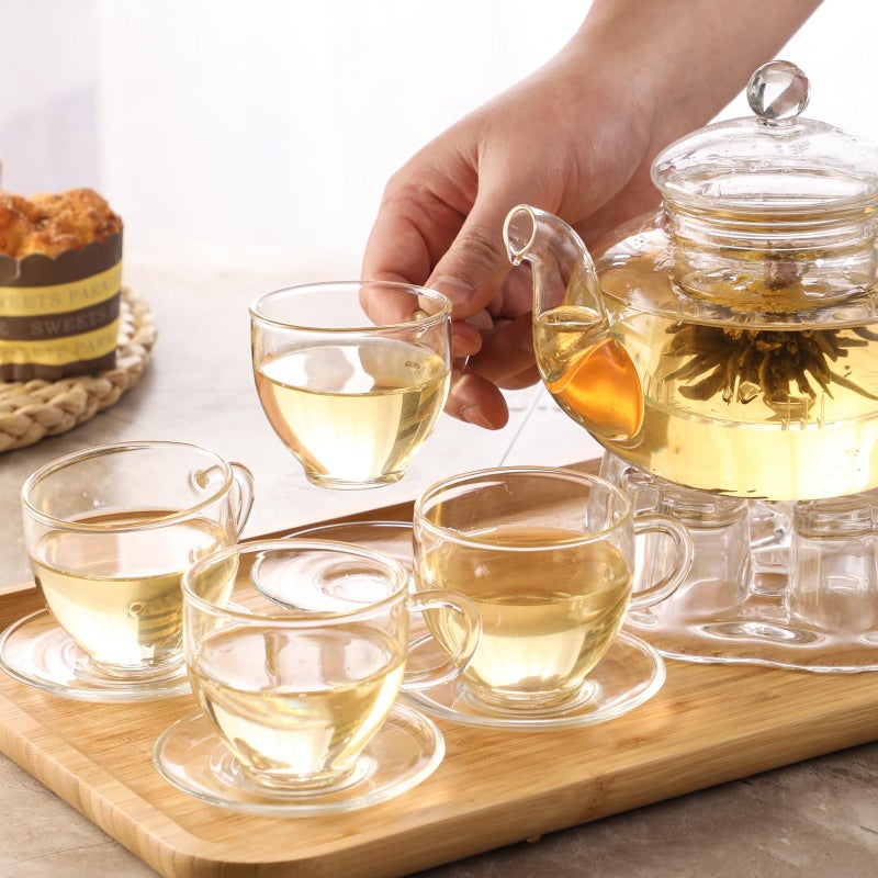 GURUDAR Glass Teapot Set, 34OZ/1000ML Glass Tea Kettle with Loose Tea Infuser & Warmer, 5oz/150ML Tea Cup & Saucer Set of 4, Stovetop & Microwave Safe Tea Maker, Blooming Tea Gift Set For Women - Image 4