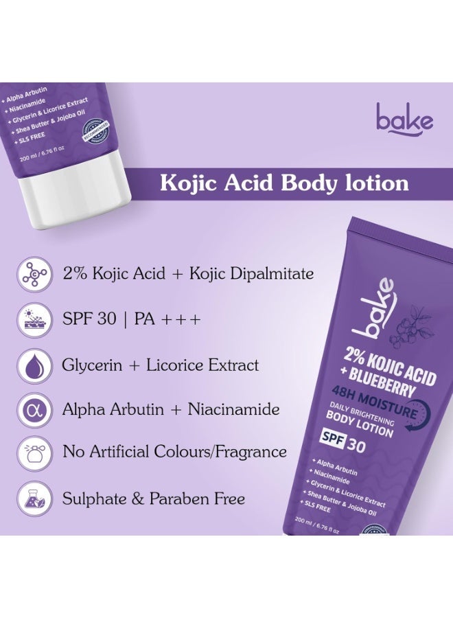 BAKE 2% Kojic Acid Brightening Body Lotion (200 ml) with Niacinamide & SPF 30 PA+++ for Pigmentation & Tan Removal | For Dark Spots & Sun Protection | De-Tan Body Lotion | Tanned & Pigmented Skin | For Women & Men - Image 2
