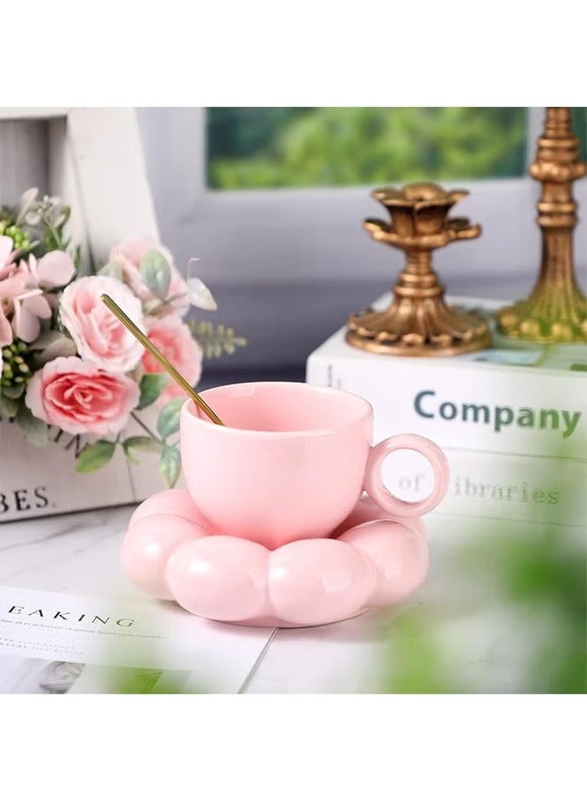 Ceramic Flower Coffee Mug with Saucer,Creative Cloud Coffee Cup,Ceramic Tea Cup Mug for Coffee Milk Tea Latte Yogurt,Pink - Image 1