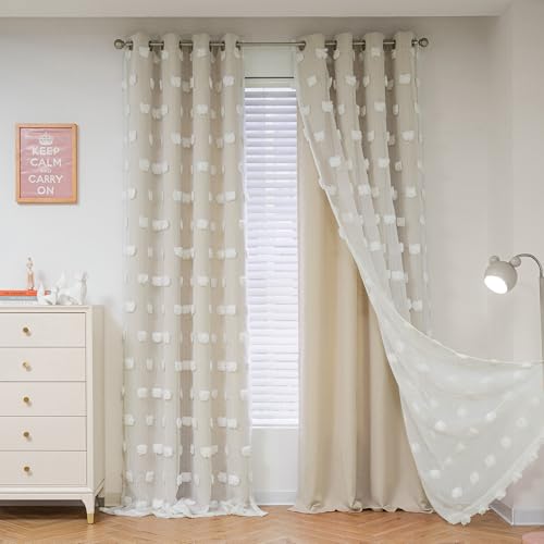 MYSKY HOME Kids Curtains for Girls Bedroom Double Layer Curtain for Daughter Room 84 Inches Long Pom Pom Sheer Drapes Beige Curtains for Living Room Grommet Room Darkening Panels W52 X L84 - Image 1
