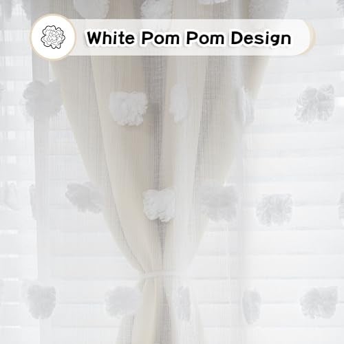 MYSKY HOME Kids Curtains for Girls Bedroom Double Layer Curtain for Daughter Room 84 Inches Long Pom Pom Sheer Drapes Beige Curtains for Living Room Grommet Room Darkening Panels W52 X L84 - Image 4
