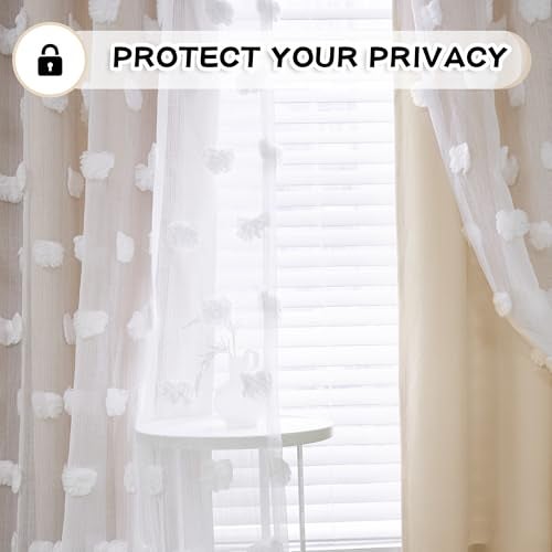 MYSKY HOME Kids Curtains for Girls Bedroom Double Layer Curtain for Daughter Room 84 Inches Long Pom Pom Sheer Drapes Beige Curtains for Living Room Grommet Room Darkening Panels W52 X L84 - Image 5