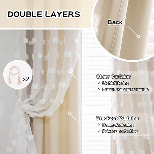 MYSKY HOME Kids Curtains for Girls Bedroom Double Layer Curtain for Daughter Room 84 Inches Long Pom Pom Sheer Drapes Beige Curtains for Living Room Grommet Room Darkening Panels W52 X L84 - Image 3