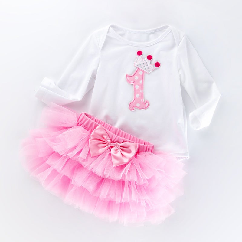 Cross-border Girls Birthday Suit White Long-sleeved Cartoon One-year-old Hats Skirt Baby Top Princess Skirt Pink 1 word 