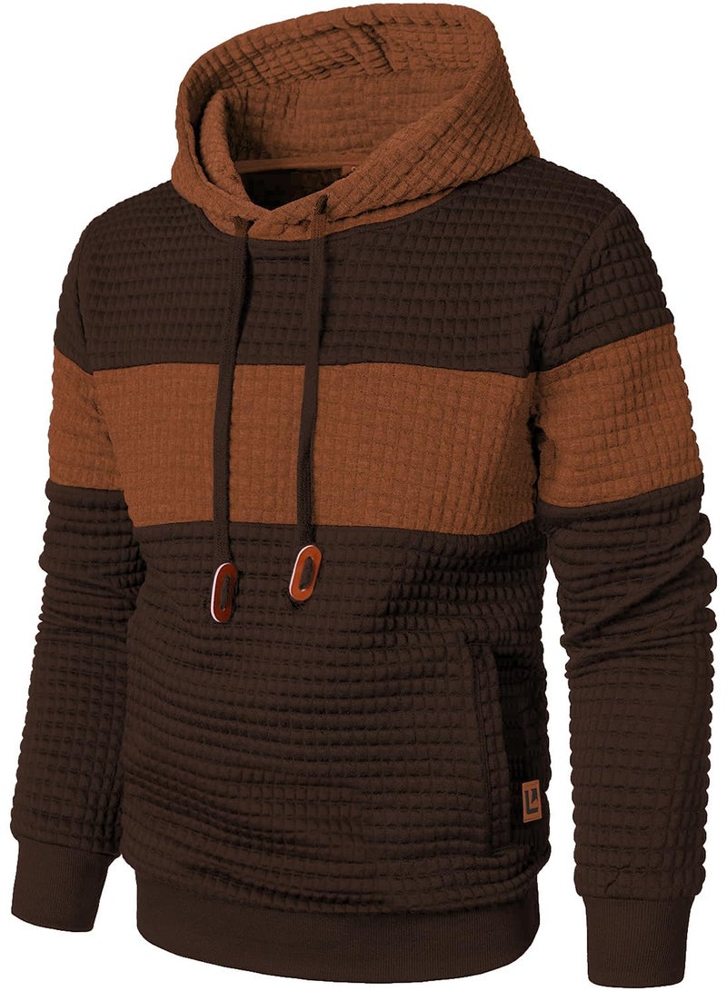 Qichic Menâ€™s Sweatshirts Long Sleeve Pullover Patchwork Plaid Jacquard Hoodie Casual Drawstring Hoody Top Brown Orange M - Image 1
