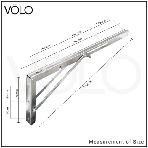 Volo Premium 500mm/ 20" Foldable Stainless Steel Racks, Shelf Bracket, l Bracket, Wall Brackets, Wall Angle Bracket, Folding Table Bracket with Fittings for fold Down Steel Table (1 Set) - Image 2