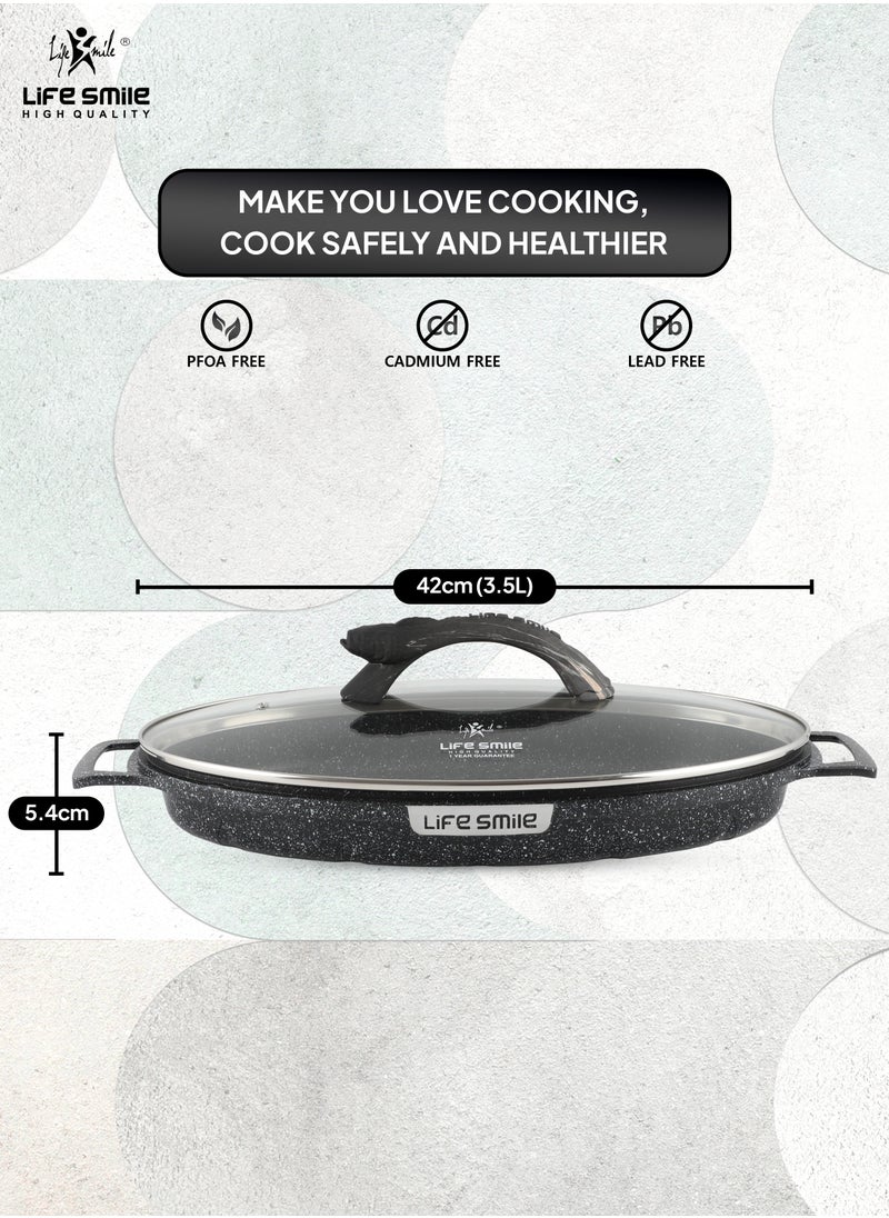 Life Smile - Fish Frying Pan With lid, Granite Coating Non Stick Oval Frying pan 100% PFOA FREE, Oven Safe - Image 1