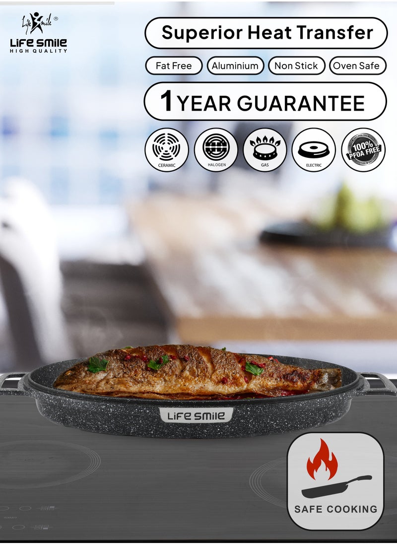 Life Smile - Fish Frying Pan With lid, Granite Coating Non Stick Oval Frying pan 100% PFOA FREE, Oven Safe - Image 1