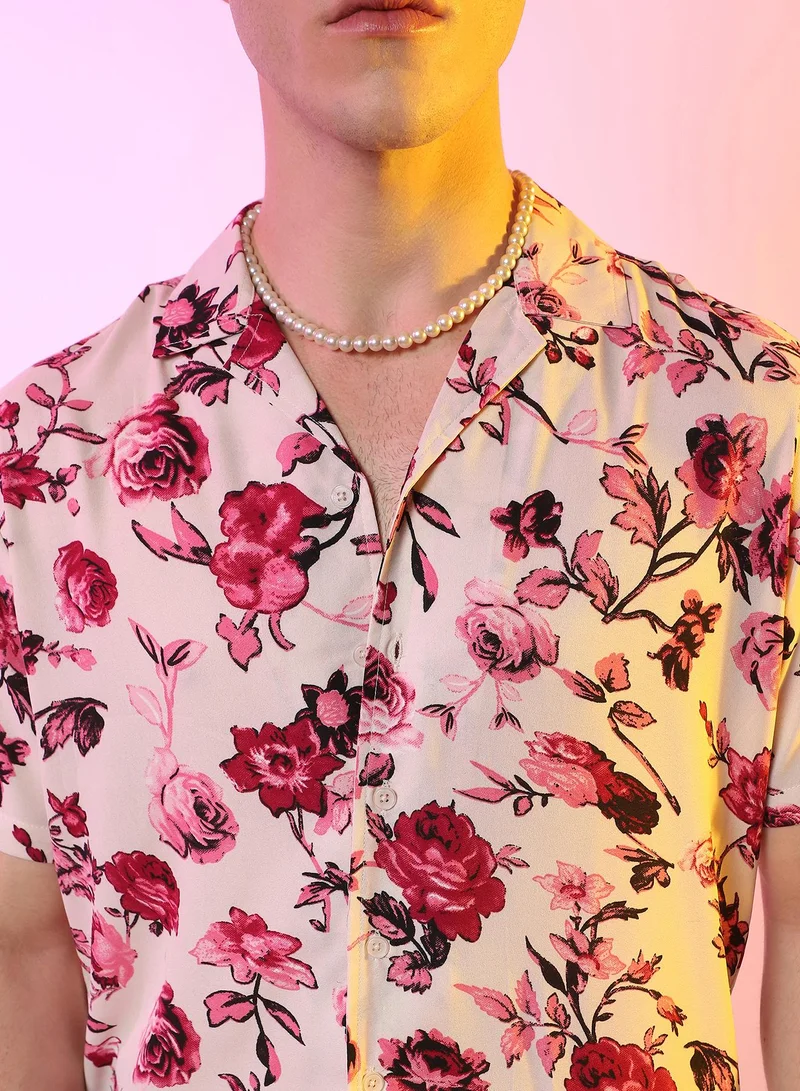 Campus Sutra Men's Vermillion Red & Ivory White Rose Shirt