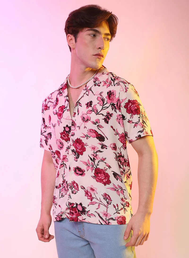 Campus Sutra Men's Vermillion Red & Ivory White Rose Shirt