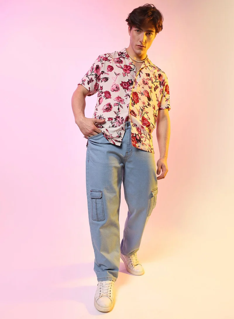 Campus Sutra Men's Vermillion Red & Ivory White Rose Shirt