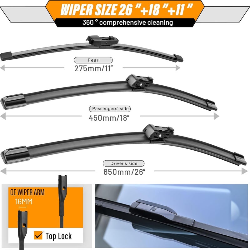 AUTOBOO 26"+18" Windshield Wipers With 11" Rear Wiper Blade Replacement for VW Golf, e-Golf, GTI 2015-2021 - Original Factory Quality (Pack of 3) - Image 3