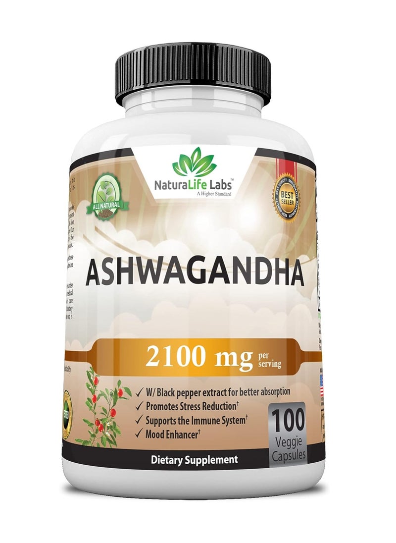 NaturaLife Labs - Organic Ashwagandha 2,100 mg - 100 Vegan Capsules Pure Organic Ashwagandha Powder with Black Pepper Extract - Natural Anxiety Relief, Mood Enhancer, Immune & Thyroid Support, Anti Anxiety - Image 1