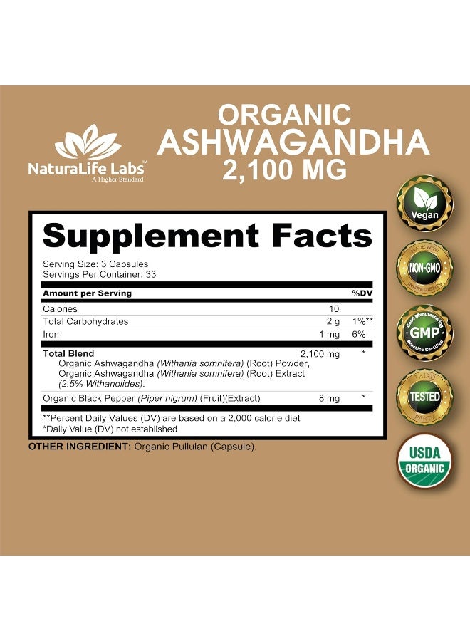 NaturaLife Labs Organic Ashwagandha 2,100 mg - 100 Vegan Capsules - Image 2
