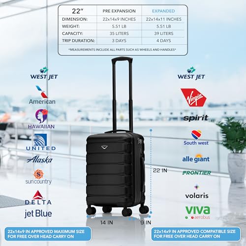 Flight Knight 22x14x9" Expandable Carry On Suitcase Hardside TSA Lock USB C Port Lightweight Luggage Silent Double Spinner Wheels Maximum Overhead Carry-On Bag For American & United Approved Airlines - Image 3