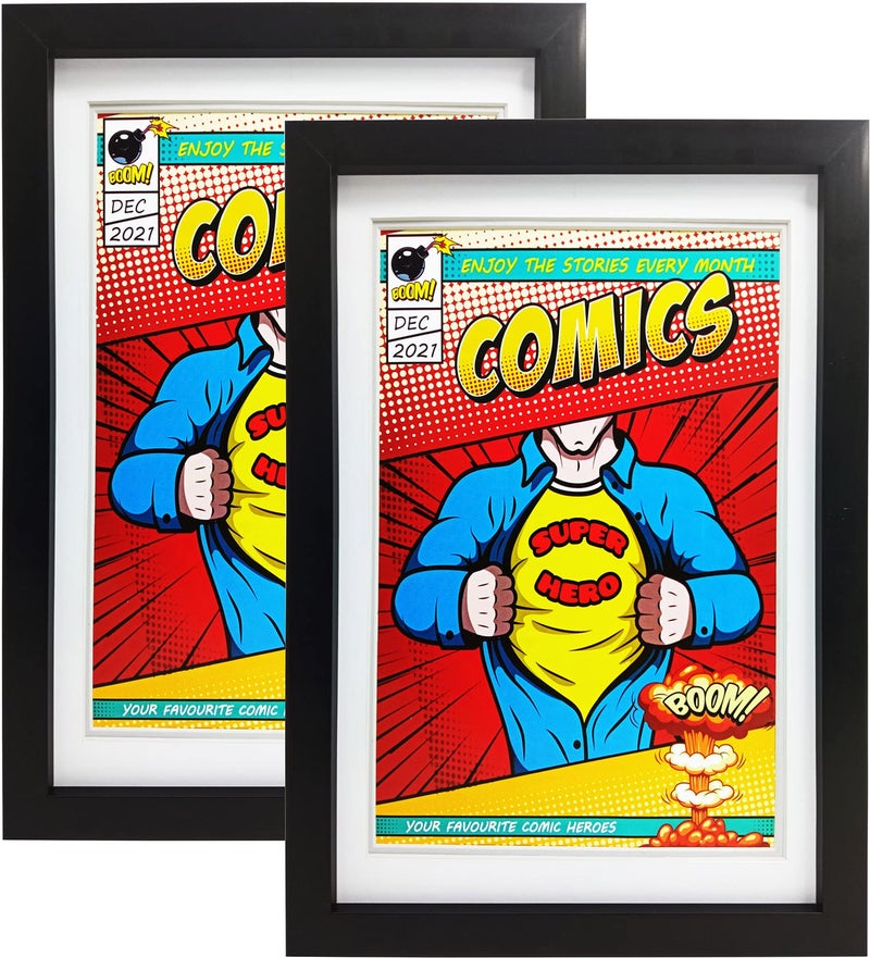 Memory Keeper Comic Book Frame 2 PackUltraviolet UV Protection Fits Current Comics up to 6 34inch x 10 14inch Wall or Tabletop DisplaySpring Clips Black Frame White Mat 2