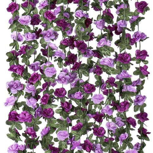 KHOYIME 18 Pack 144 FT Artificial Flower Garland Fake Purple Roses Vines Silk Flowers Faux Plastic Outdoor Hanging Floral Ivy Garland Decoration for Wedding Arch Bedroom Home Wall Backdrop Room Decor - Image 1