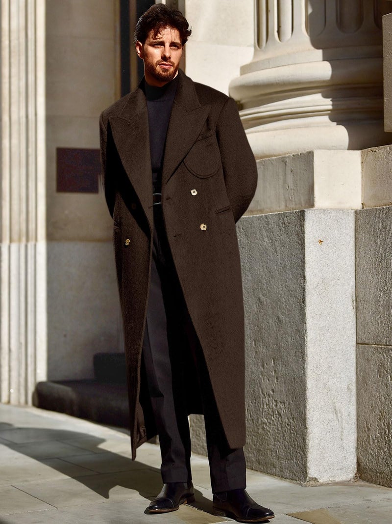 Runcati Mens Wool Blend Pea Coat Notched Collar Double Breasted Long Jacket Trench Coats Classic Winter Overcoat - Image 2