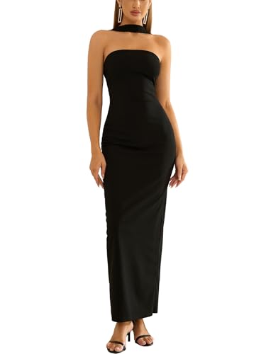 HTZMO Women Elegant Summer Bodycon Maxi Dress Halter Neck Formal Wedding Guest Cocktail Party Long Dresses Black L - Image 1