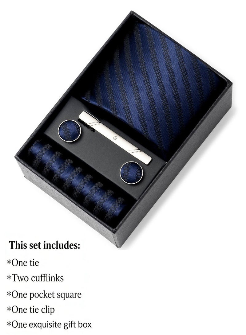AuliceVerse Gifting Essential:Men's 5-in-1 Business Tie Gift Set （Blue） | 1200-Stitch High-Density Polyester Tie with Cufflinks, Pocket Square, Tie Clip & Luxury Box | Premium Wedding & Office Formal Accessories - Image 4