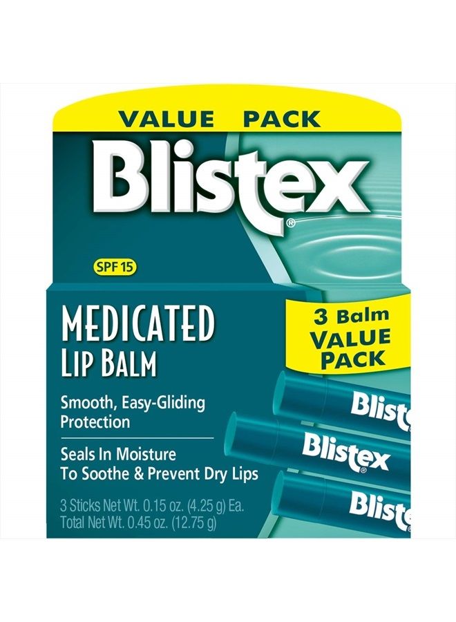 Blistex Medicated Lip Balm, 0.15 Ounce, 3 Count (Pack of 1) Prevent Dryness & Chapping, SPF 15 Sun Protection, Seals in Moisture, Hydrating Lip Balm, Easy Glide Formula for Full Coverage - Image 1