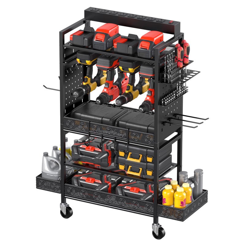 CCCEI Garage Power Tools Organizer Cart with Charging Station Black Floor Standing Rolling Drill and Tools Battery Storage Cart on Wheels Utility Rack Gift for Men Husband Father
