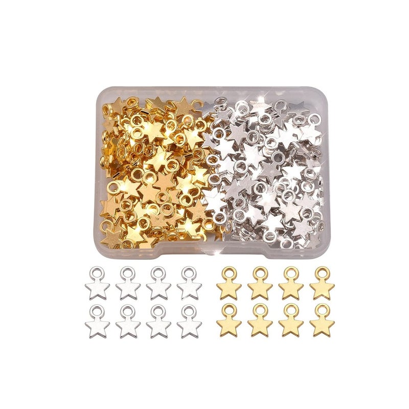 SOLARAE 160 Pieces Star Pendants, Mini Star Shape Charms, Metal Star Pendants, Flat Star Charms, Jewellery Accessories, Zinc Alloy Solid Star Charms for Handicrafts, Jewellery Making(Silver, Gold) - Image 1