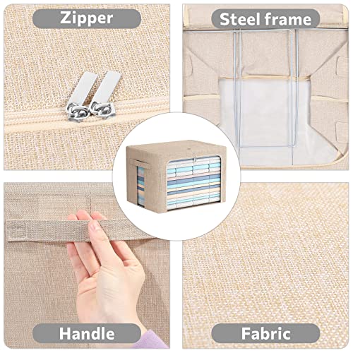 FHSQX Extra Large Clothes Storage Bins Foldable Metal Frame Storage Box Stackable Linen Fabric Box Organizer Set with Carrying Handles and Clear Window (Beige, 23.6x 16.5x 15.7 Inch) - Image 4