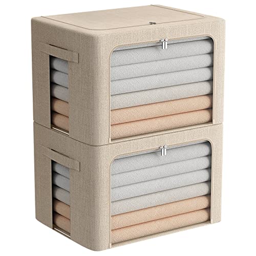 FHSQX Extra Large Clothes Storage Bins Foldable Metal Frame Storage Box Stackable Linen Fabric Box Organizer Set with Carrying Handles and Clear Window (Beige, 23.6x 16.5x 15.7 Inch) - Image 1