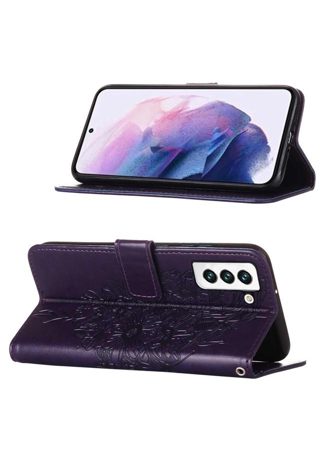 اس-توب جراب لهاتف Samsung Galaxy S22 5G جراب هاتف جلدي منقوش على شكل فراشة مع حامل وفتحة بطاقة ومحفظة وحبل - Image 4